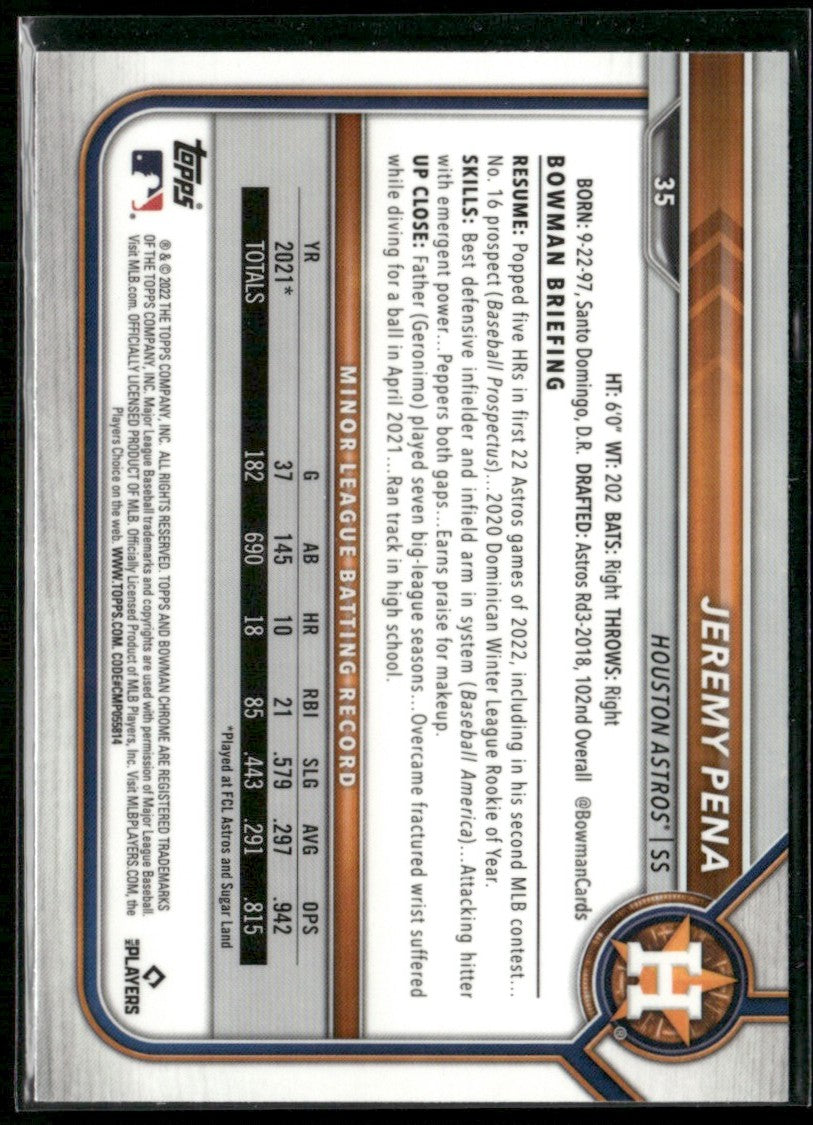 Jeremy Pena 2022 Bowman Chrome RC #35 Houston Astros
