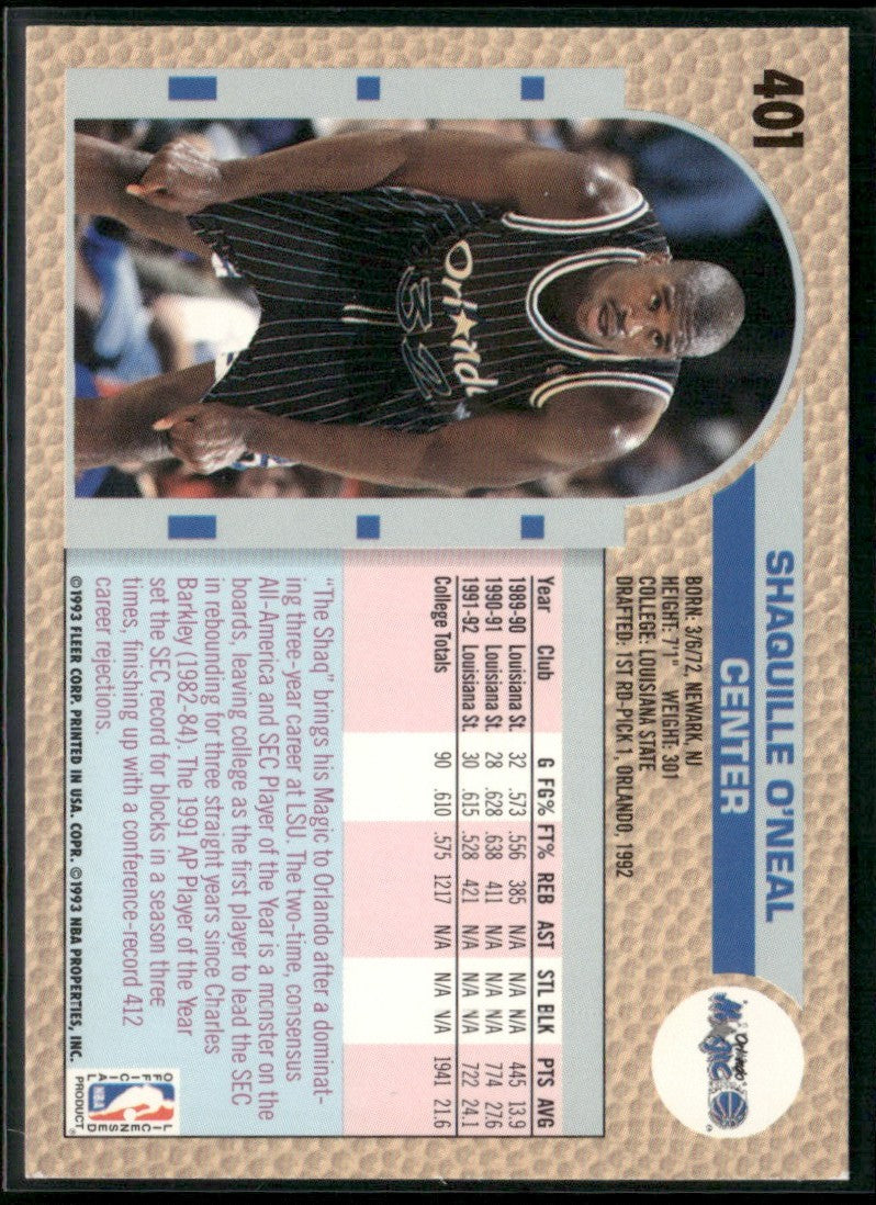 Shaquille O'Neal 1992 Fleer RC #401 Orlando Magic