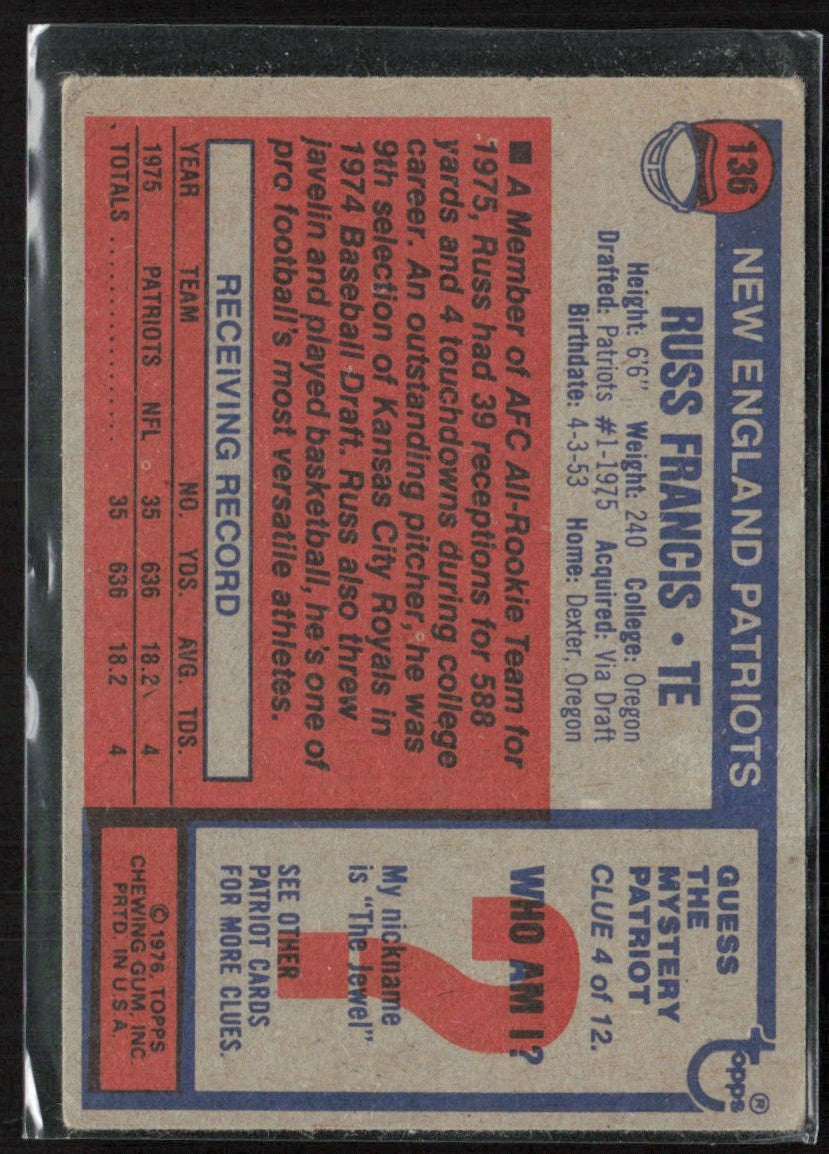 Russ Francis 1976 Topps RC #136 New England Patriots