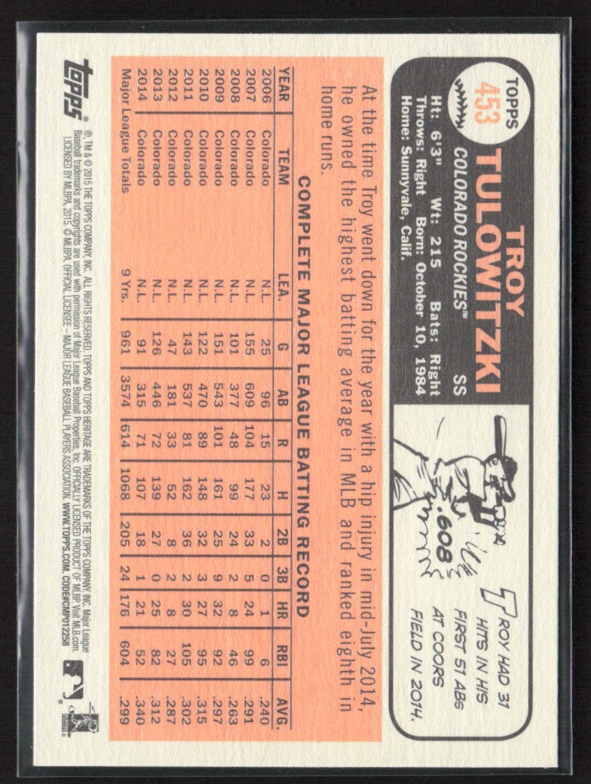 Troy Tulowitzki 2015 Topps Heritage SP #453 Colorado Rockies