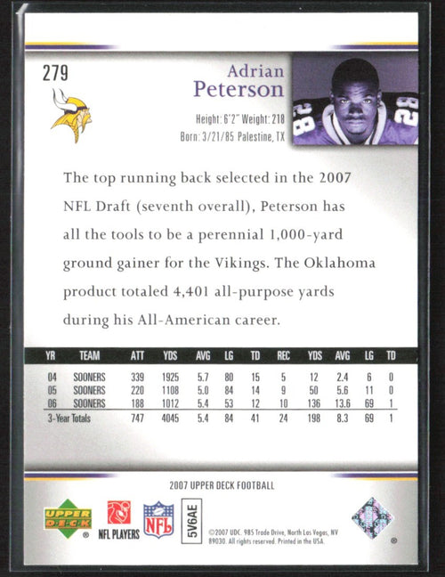 Adrian Peterson 2007 Upper Deck RC #279 Minnesota Vikings