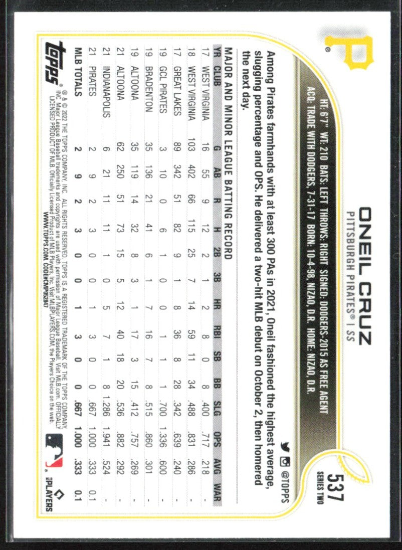 Oneil Cruz 2022 Topps RC #537 Pittsburgh Pirates
