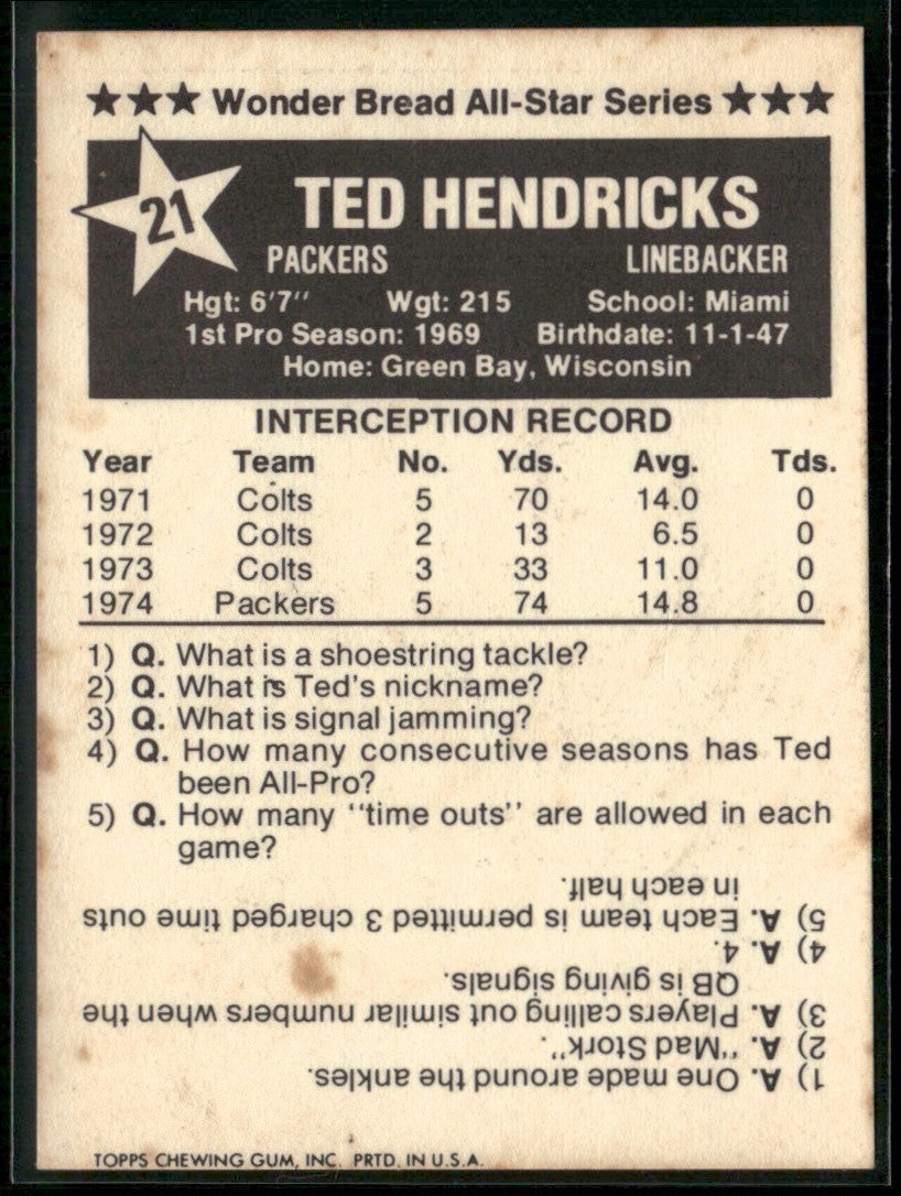 Ted Hendricks 1975 Topps Wonder Bread #21 Green Bay Packers