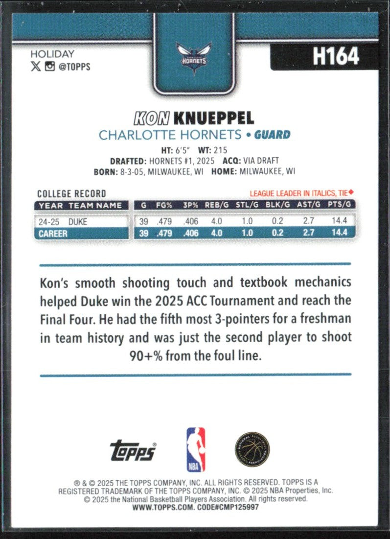 Kon Knueppel 2025 Topps Holiday RC #H164 Charlotte Hornets