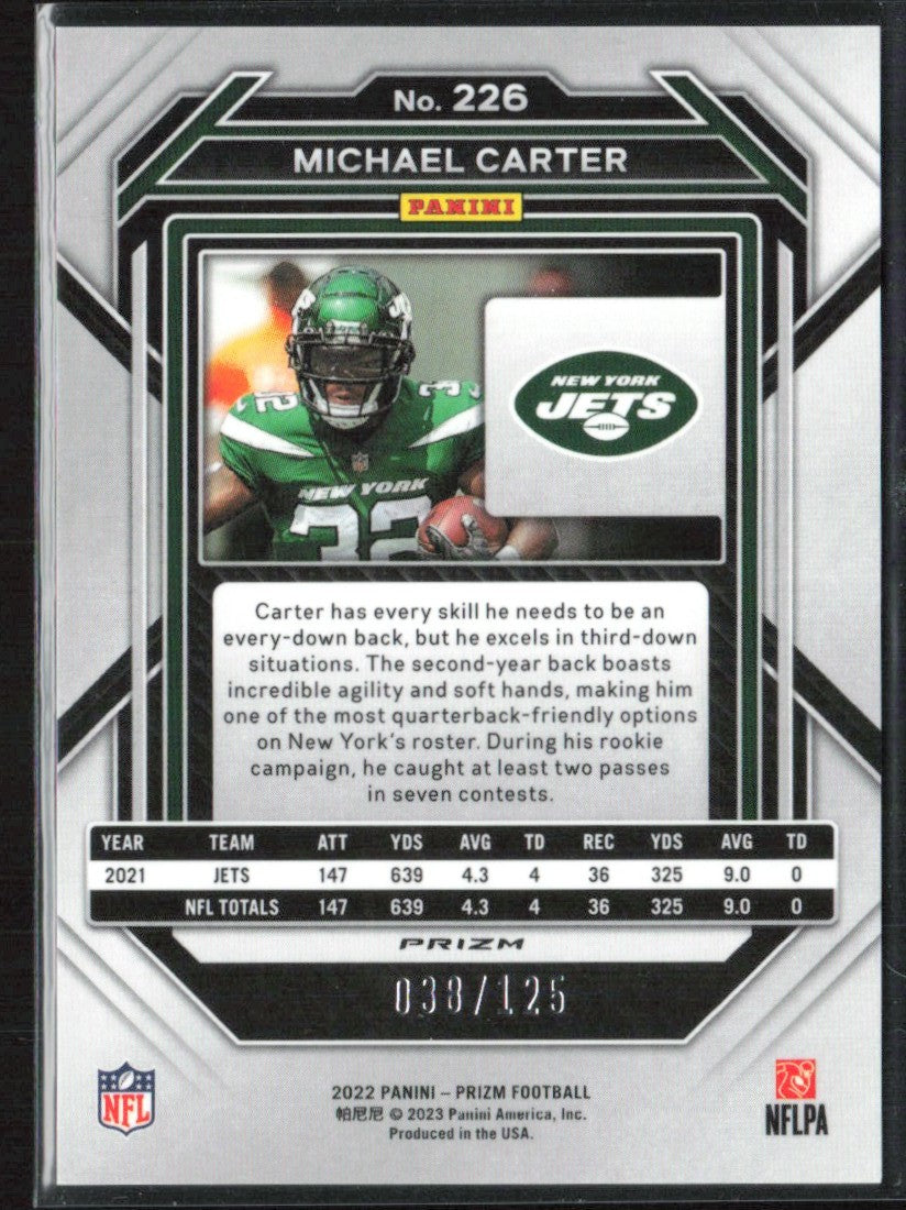Michael Carter 2022 Panini Prizm Purple /125 #226 New York Jets