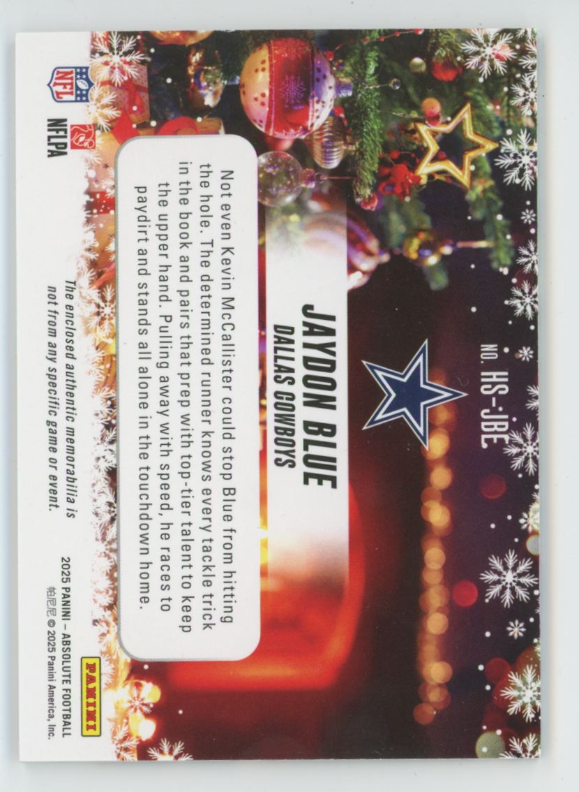 Jaydon Blue 2025 Panini Absolute Holiday RC Suit #HS-JBE Dallas Cowboys