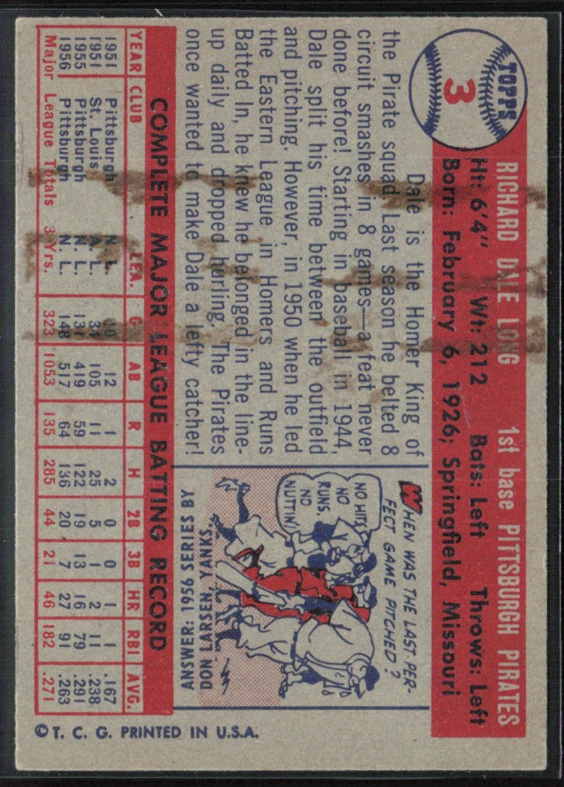 Dale Long 1957 Topps #3 Pittsburgh Pirates
