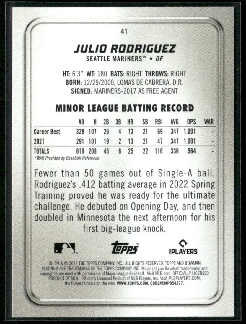 Julio Rodriguez 2022 Bowman Platinum RC #41 Seattle Mariners