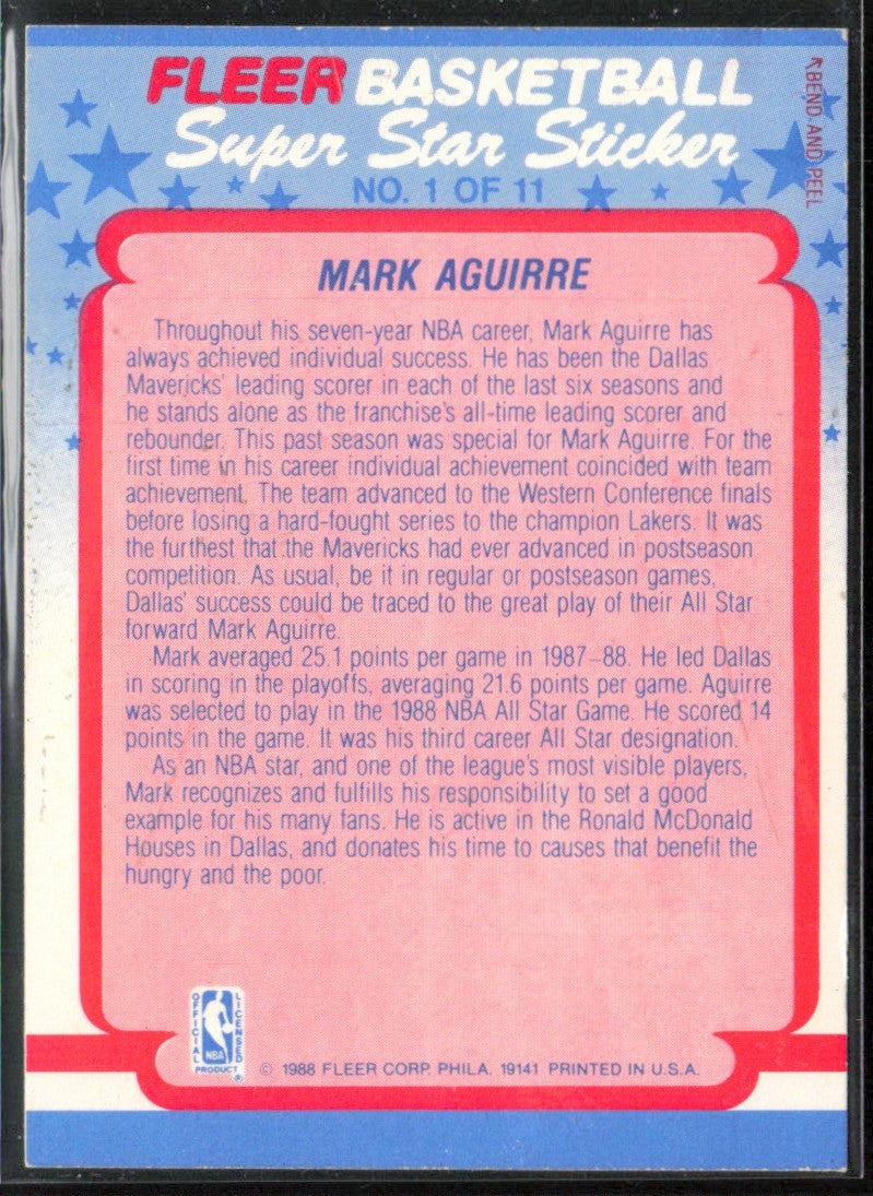 Mark Aguirre 1988 Fleer Stickers #1 Dallas Mavericks
