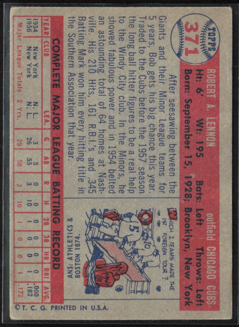 Bob Lennon 1957 Topps #371 Chicago Cubs