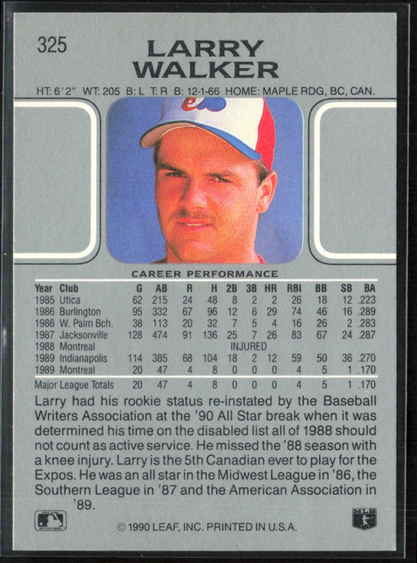 Larry Walker 1990 Leaf RC #325 Montreal Expos