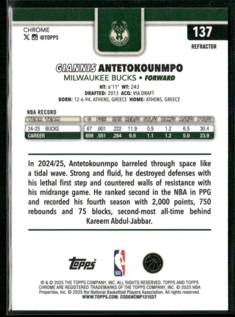 Giannis Antetokounmpo 2025 Topps Chrome Refractor #137 Milwaukee Bucks