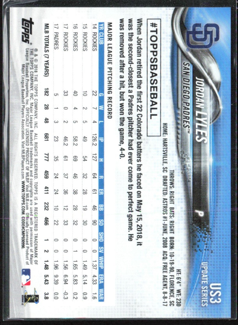 Jordan Lyles 2018 Topps Update Negative Refractor #US3 San Diego Padres