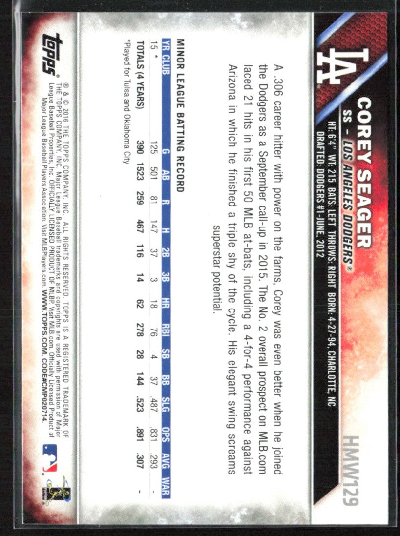 Corey Seager 2016 Topps Holiday RC #HMW129 Los Angeles Dodgers
