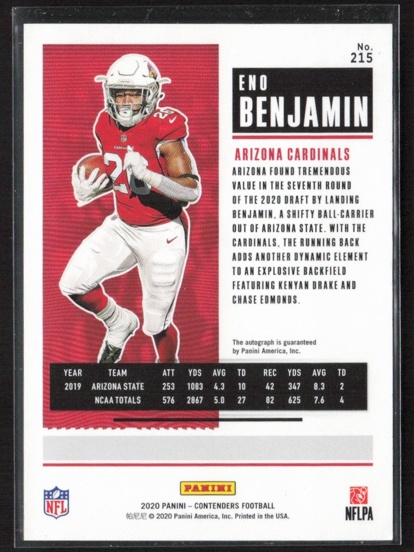 Eno Benjamin 2020 Panini Contenders Rookie Ticket RC AUTO #215 Arizona Cardinals