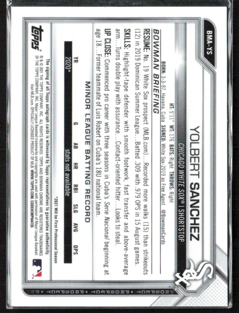 Yolbert Sanchez 2021 Bowman Chrome Mojo Refractor AUTO #BMA-YS Chicago White Sox