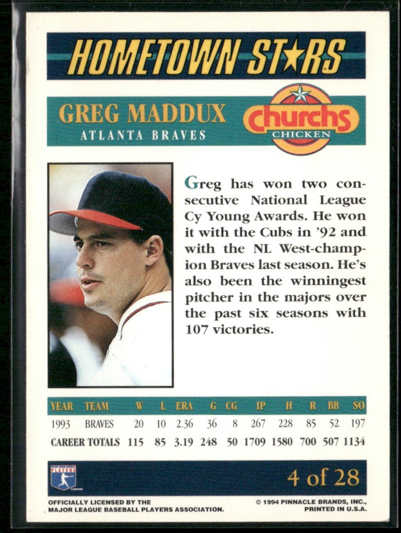 Greg Maddux 1994 Pinnacle Church's Chicken Hometown Stars #4 Atlanta Braves