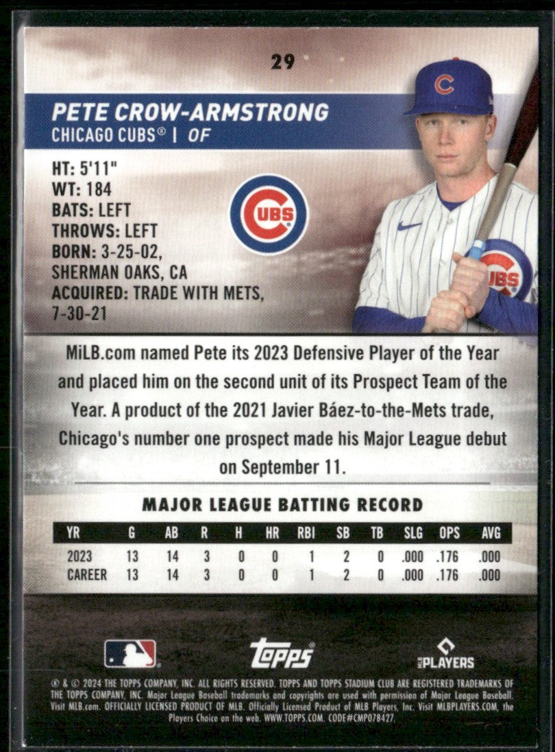 Pete Crow-Armstrong 2024 Topps Stadium Club RC #29 Chicago Cubs