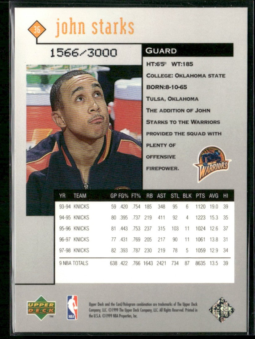 John Starks 1998 Upper Deck Black Diamond Double /3000 #36 Golden State Warriors