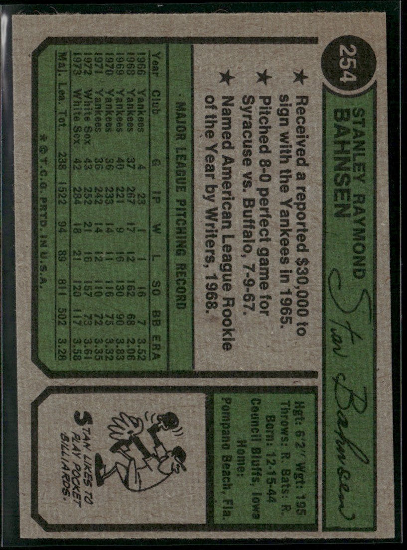Stan Bahnsen 1974 Topps #254 Chicago White Sox