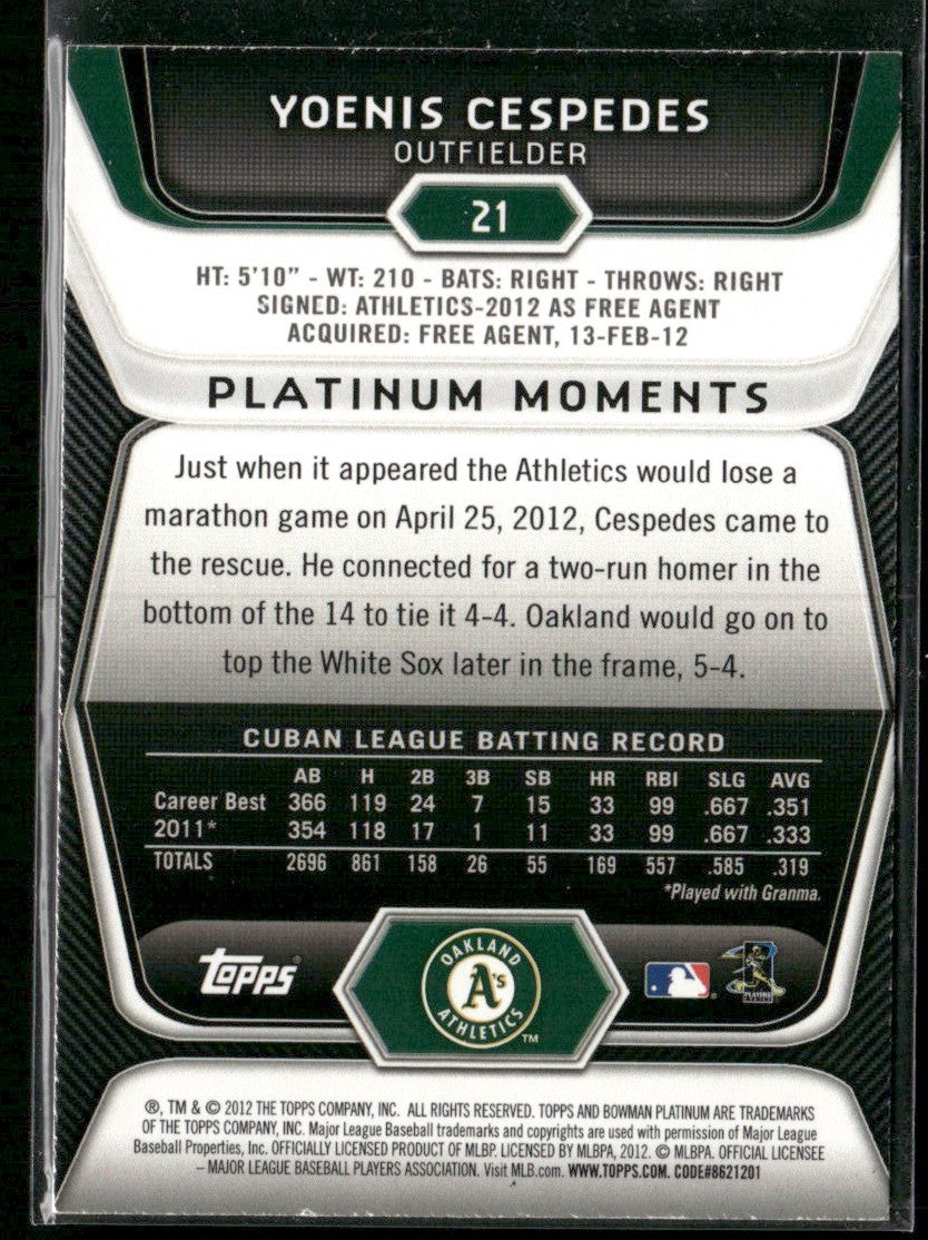 Yoenis Cespedes 2012 Bowman Platinum Ruby RC #21 Oakland Athletics