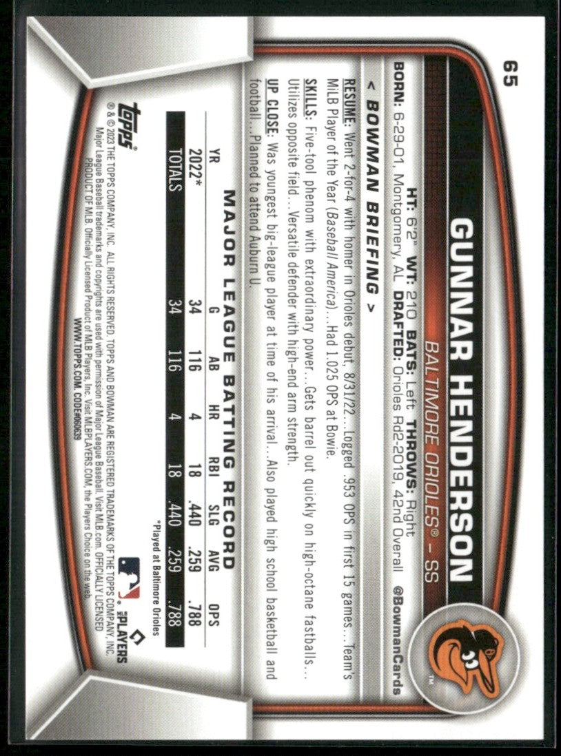 Gunnar Henderson 2023 Bowman RC #65 Baltimore Orioles