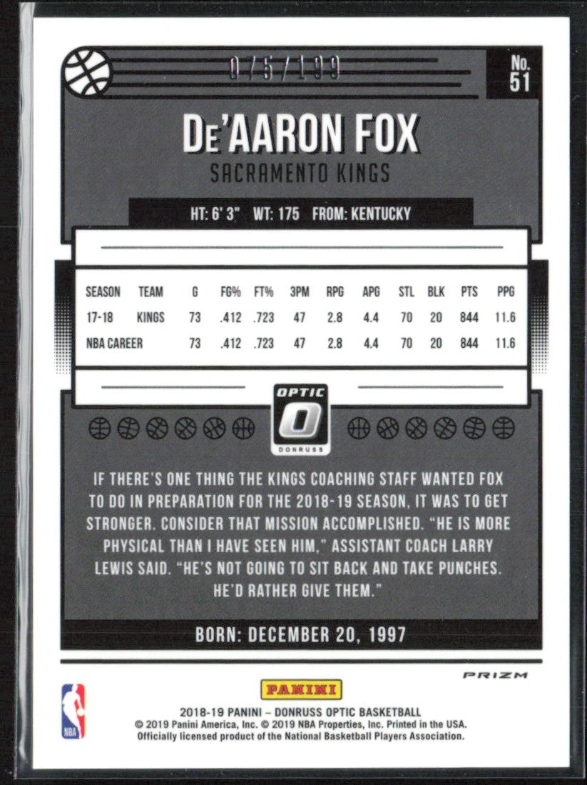 De'Aaron Fox 2018 Donruss Optic Orange /199 #51 Sacramento Kings