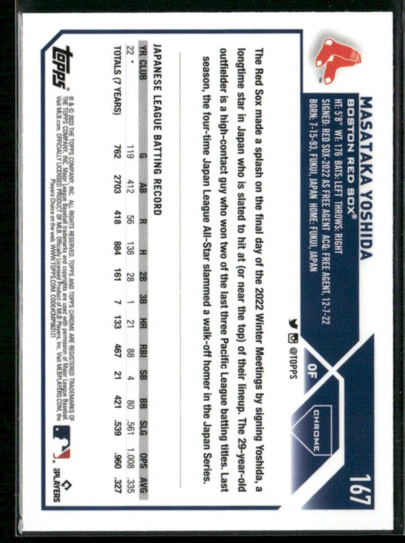 Masataka Yoshida 2023 Topps Chrome Prism Refractor RC #167 Boston Red Sox