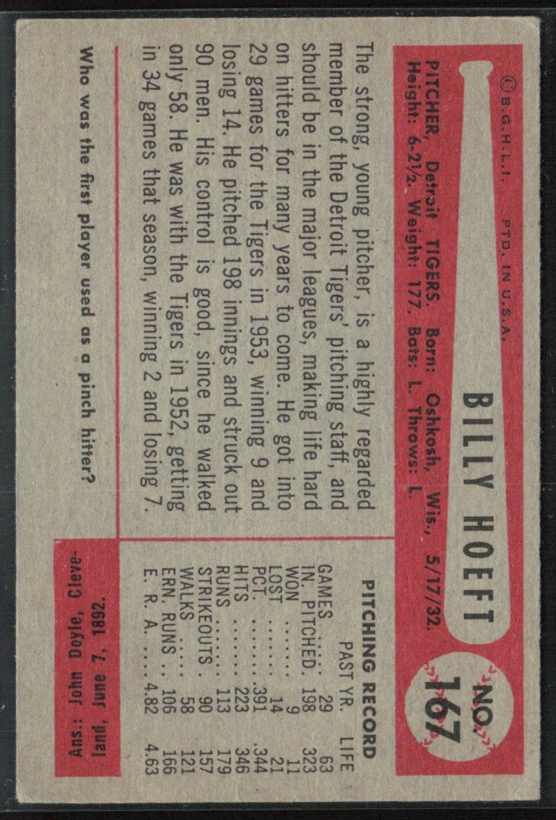 Billy Hoeft 1954 Bowman #167 Detroit Tigers