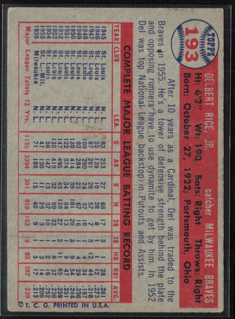 Del Rice 1957 Topps #193 Milwaukee Braves
