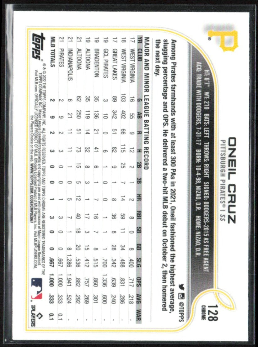 Oneil Cruz 2022 Topps Chrome RC #128 Pittsburgh Pirates