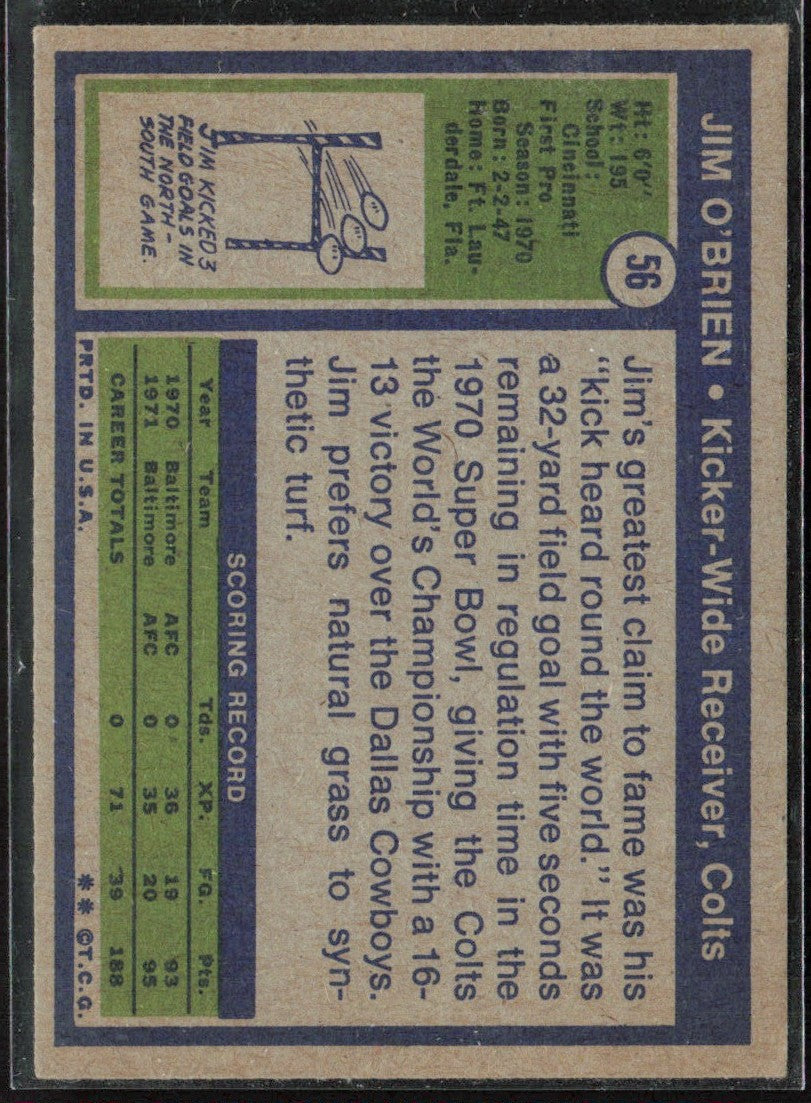Jim O'Brien 1972 Topps RC #56 Baltimore Colts