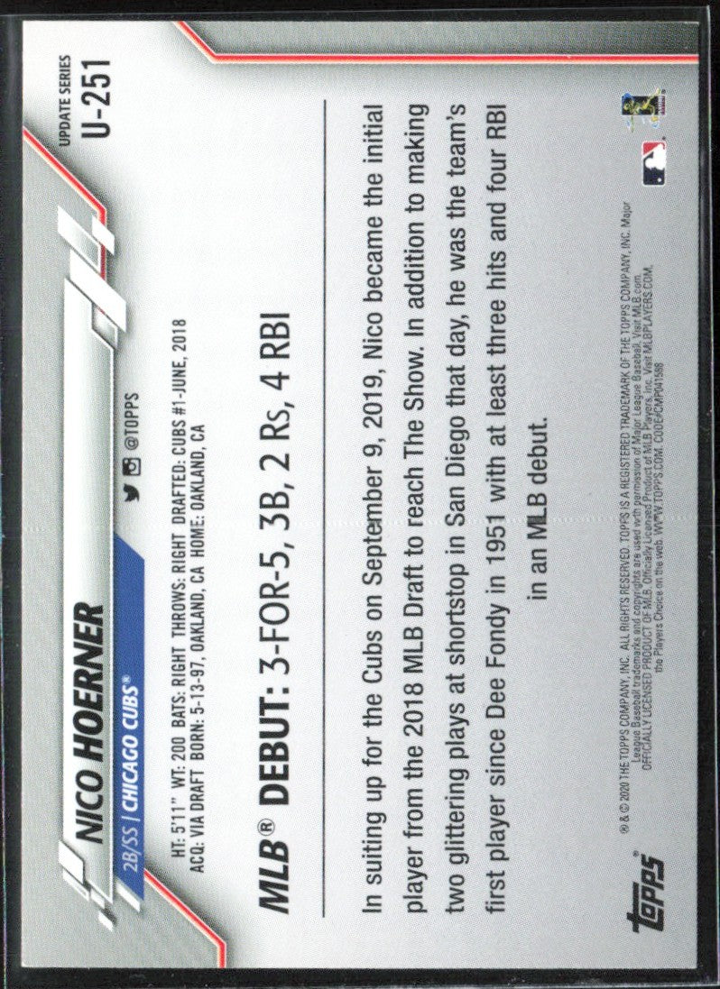 Nico Hoerner 2020 Topps Update RC #U-251 Chicago Cubs
