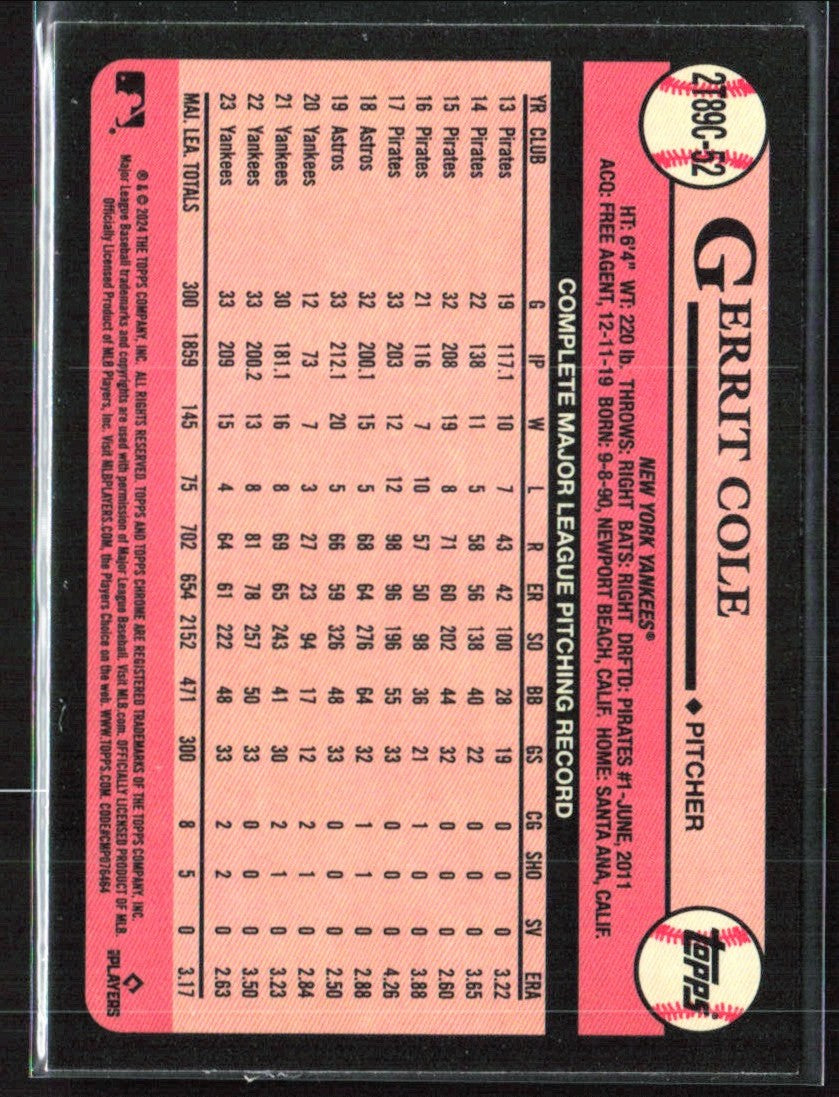 Gerrit Cole 2024 Topps Chrome 1989 Silver Pack #2T89C-52 New York Yankees