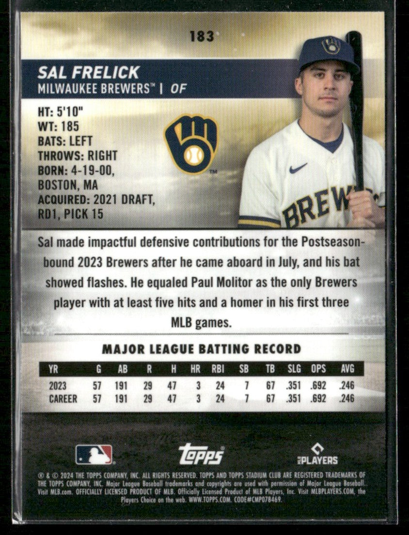 Sal Frelick 2024 Topps Stadium Club Chrome RC #183 Milwaukee Brewers