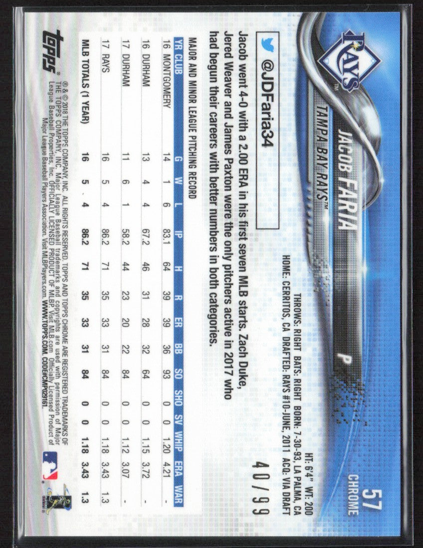 Jacob Faria 2018 Topps Chrome Green Refractor /99 #57 Tampa Bay Rays