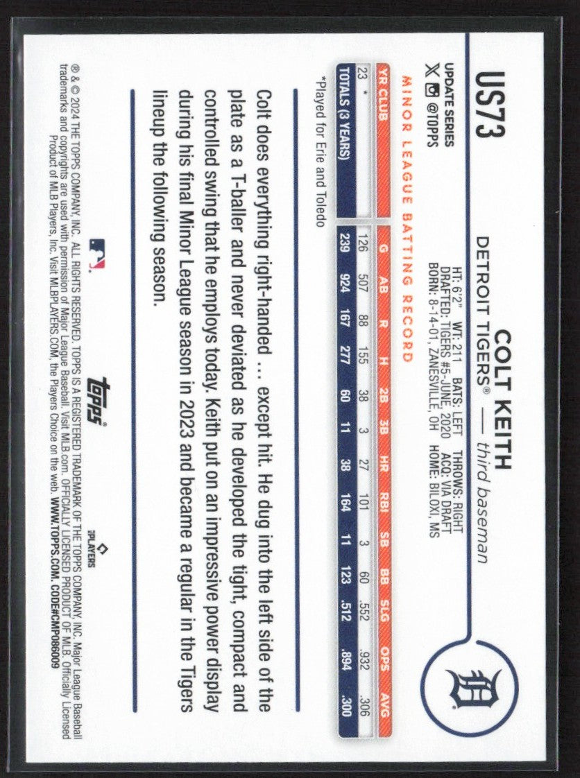 Colt Keith 2024 Topps Update RC #US73 Detroit Tigers
