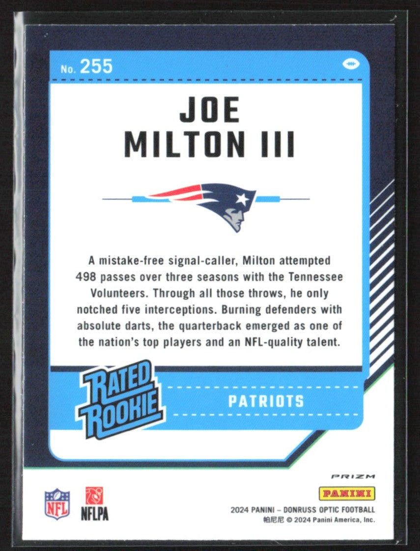 Joe Milton III 2024 Donruss Optic Purple Scope RC #255 New England Patriots