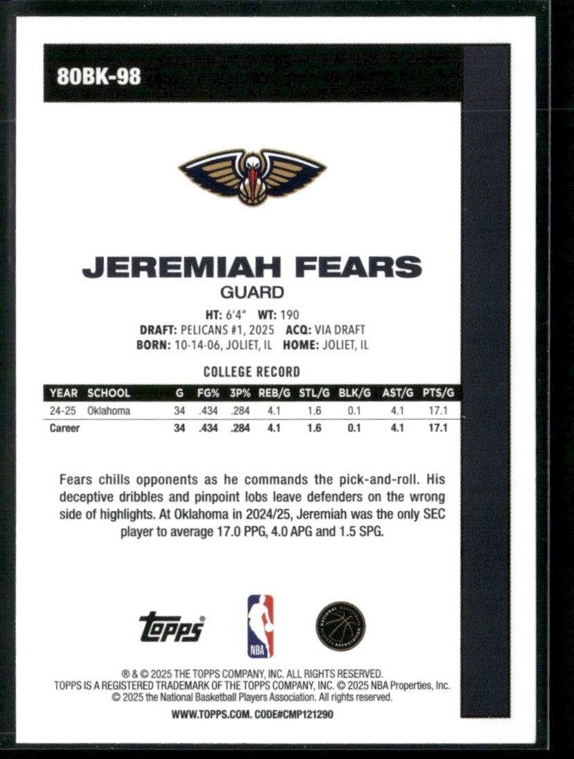 Jeremiah Fears 2025 Topps 1980-81 RC #80BK-98 New Orleans Pelicans