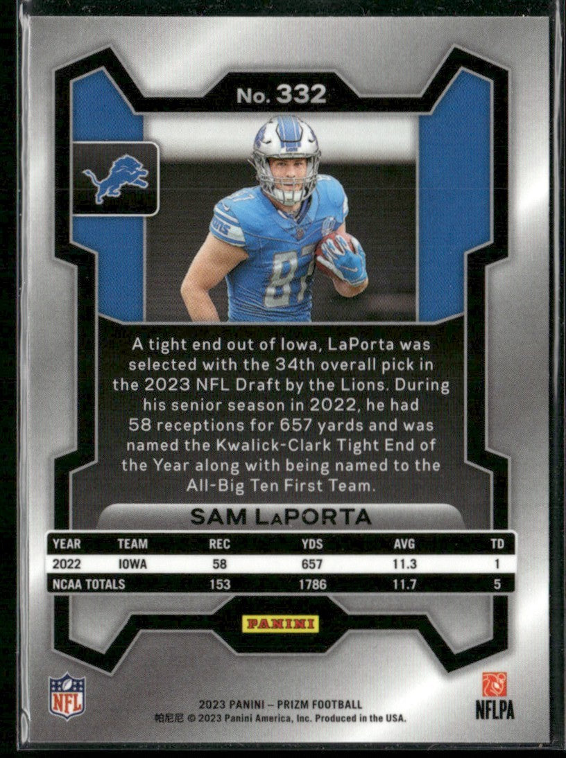 Sam LaPorta 2023 Panini Prizm RC #332 Detroit Lions