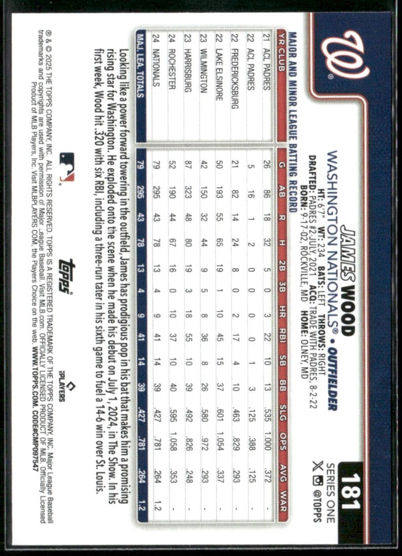 James Wood 2025 Topps RC #181 Washington Nationals
