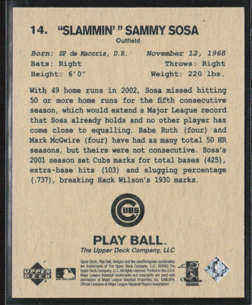 Sammy Sosa 2003 Upper Deck Play Ball Mini #14 Chicago Cubs