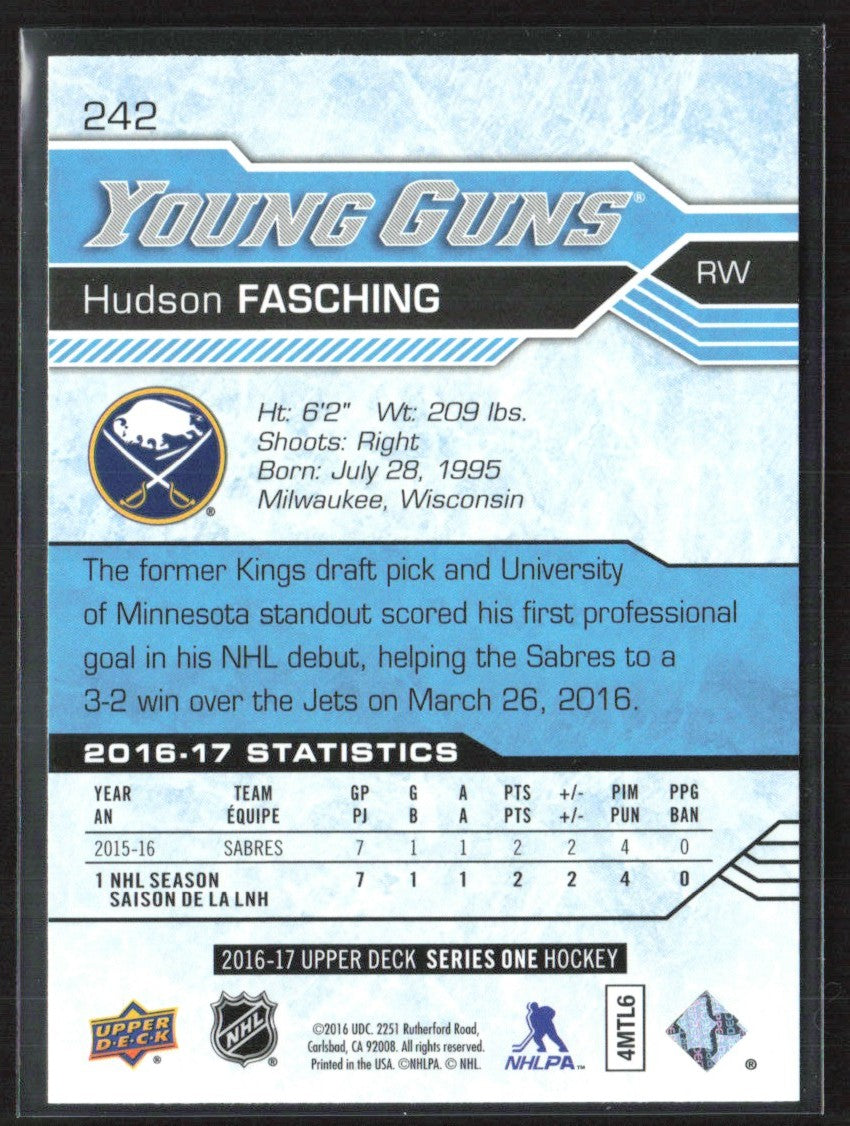 Hudson Fasching 2016 Upper Deck Young Guns RC #242 Buffalo Sabres