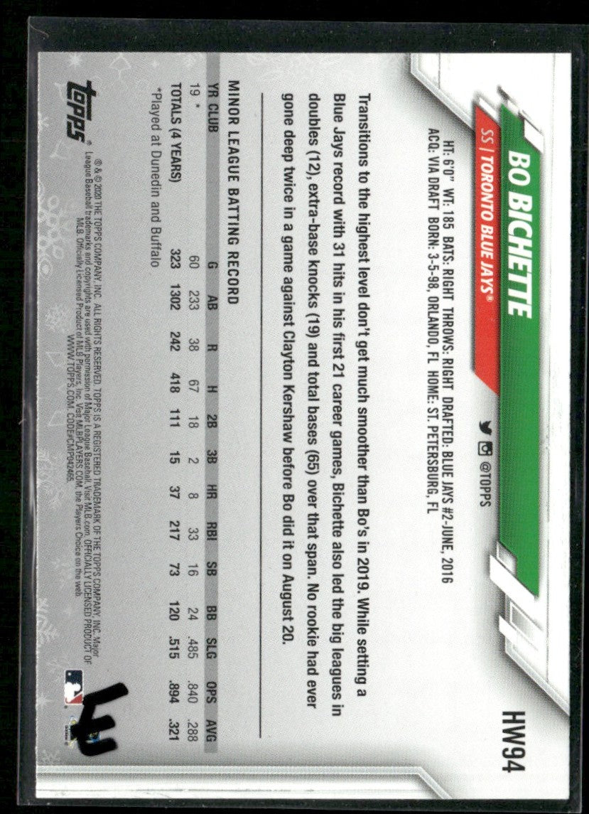 Bo Bichette 2020 Topps Holiday RC #HW94 Toronto Blue Jays