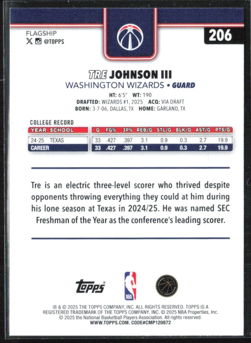 Tre Johnson III 2025 Topps RC #206 Washington Wizards