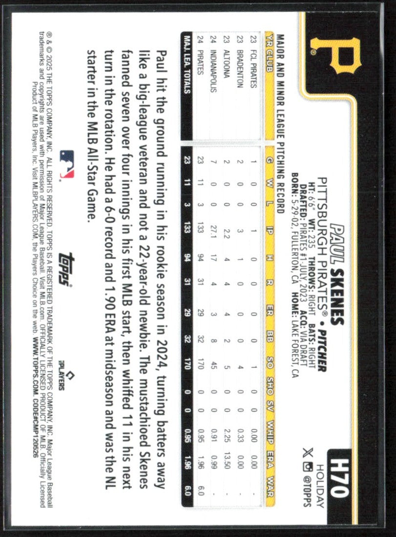 Paul Skenes 2025 Topps Holiday Metallic #H70 Pittsburgh Pirates
