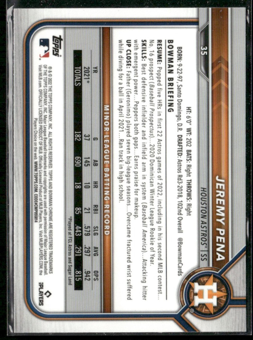 Jeremy Pena 2022 Bowman Chrome RC #35 Houston Astros