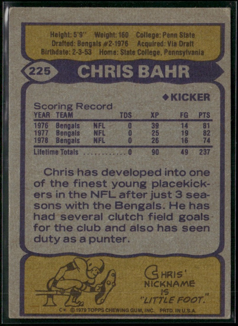 Chris Bahr 1979 Topps #225 Cincinnati Bengals