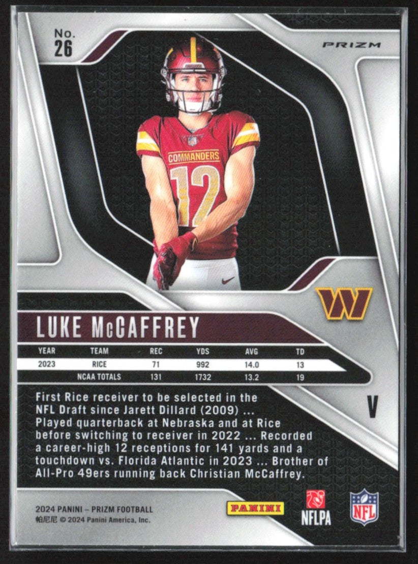 Luke McCaffrey 2024 Panini Prizm Silver Variation RC #26 Washington Commanders