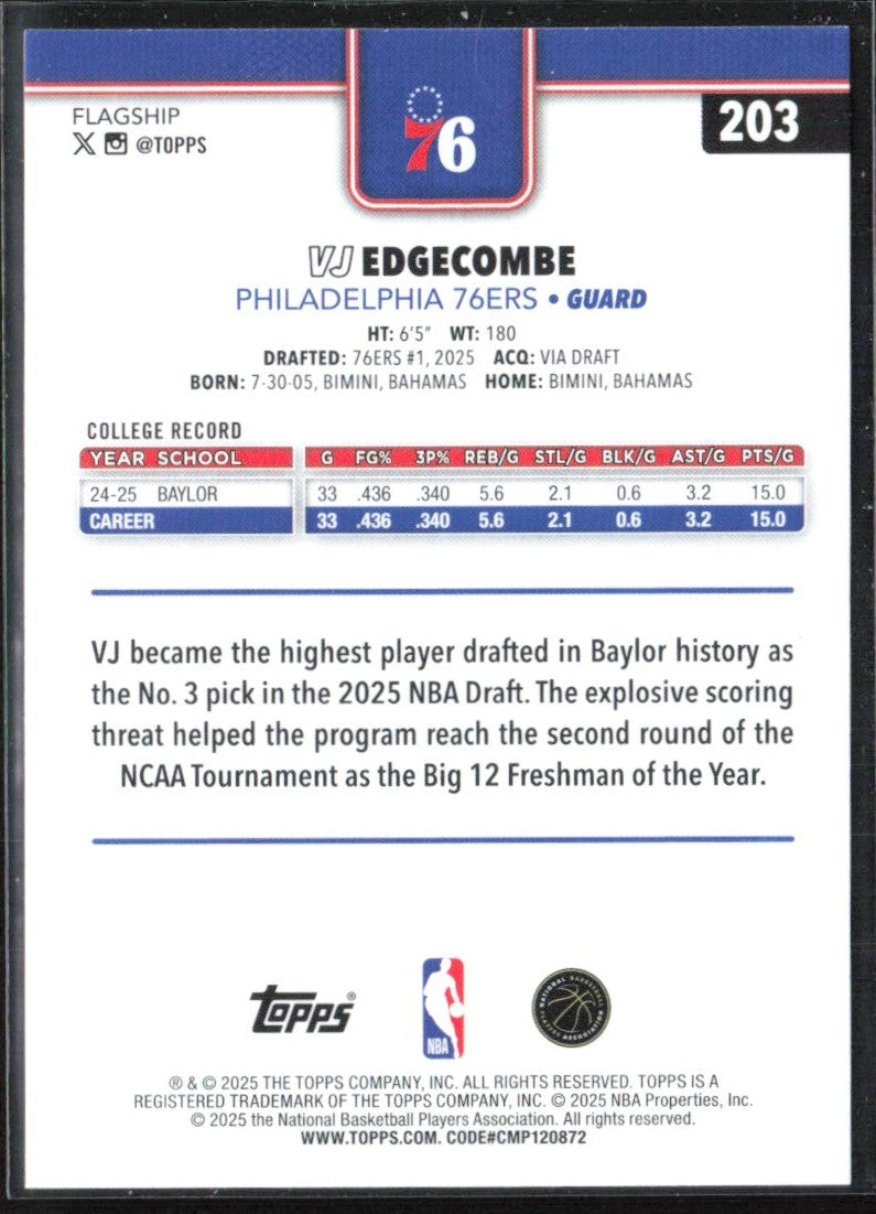 VJ Edgecombe 2025 Topps RC #203 Philadelphia 76ers